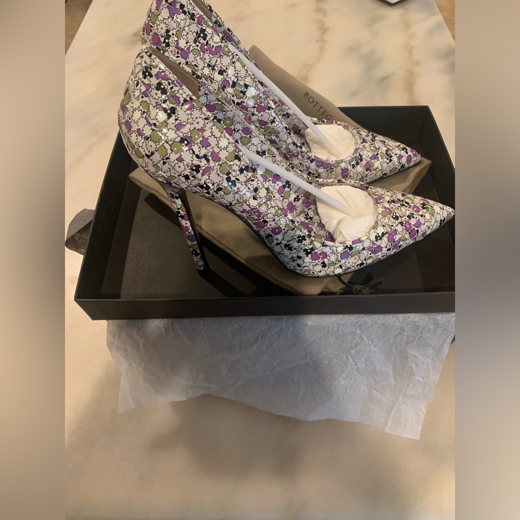 Bottega Veneta Women's Green / Purple Floral Woven Leather Heels